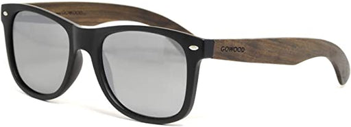 GOWOOD Men and Women Sunglasses Ebony Wood Temples - Silver Mirrored CR39 Polarized Lenses - Black Acetate Front Frame