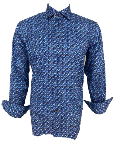 Luchiano Visconti X-Large Blue Fish Scales Design Long Sleeve Shirt