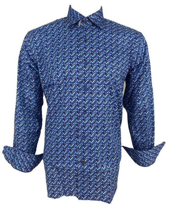 Luchiano Visconti Medium Blue Fish Scales Design Long Sleeve Shirt