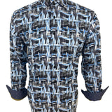 Luchiano Visconti Medium Blue/White/Black Abstract Design Long Sleeve Shirt